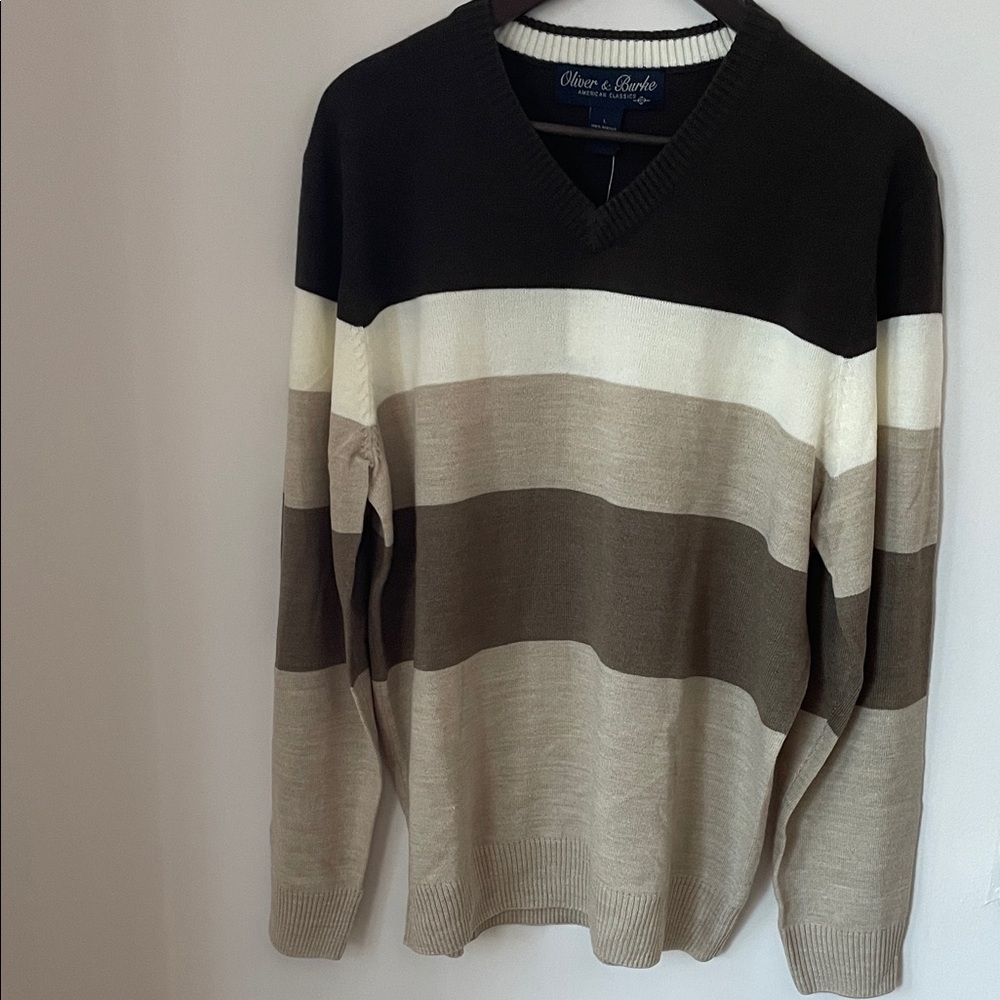 Men's V-Neck Striped Sweater - , Off White, Browns